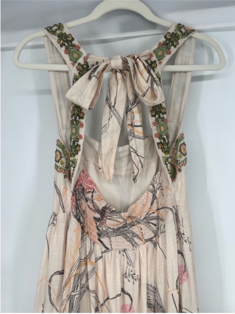 Anthropologie Pink Embroidered Beaded Square Neck Bohemian Tie Back Maxi Dress L - Picture 10 of 13